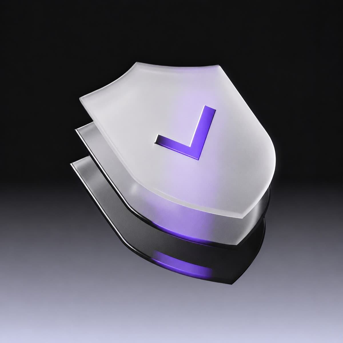 A frosted-glass shield with a purple checkmark, protection re-earned on every transaction.
