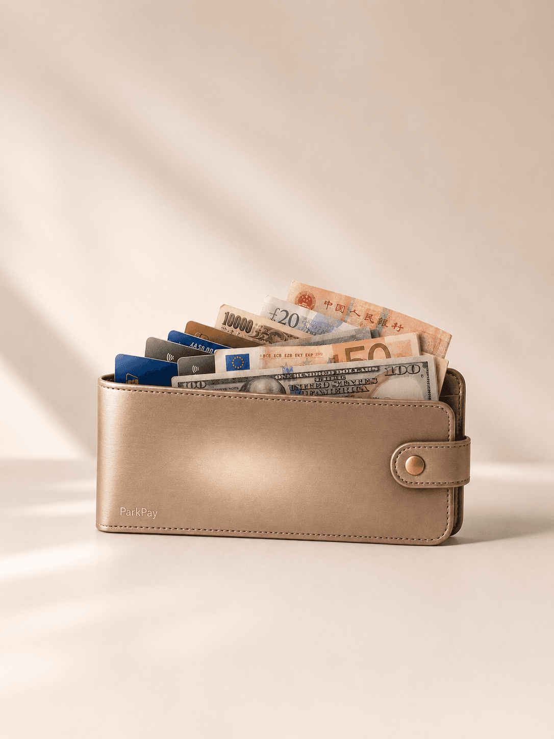 A leather Theparkpay wallet holding banknotes from many currencies